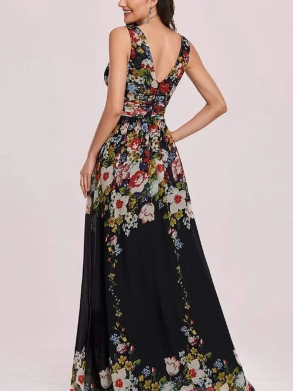 Ever Pretty floral sleeveless V-neck semi-formal maxi dress black women's size M - Picture 4 of 9